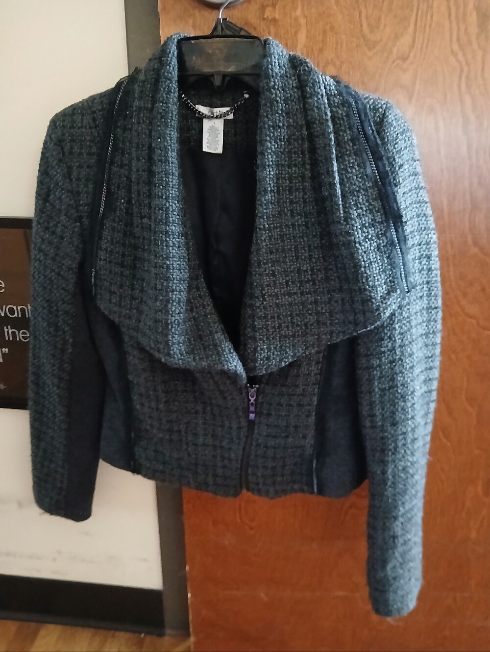 CACHE grey & black tweed cropped moto jacket